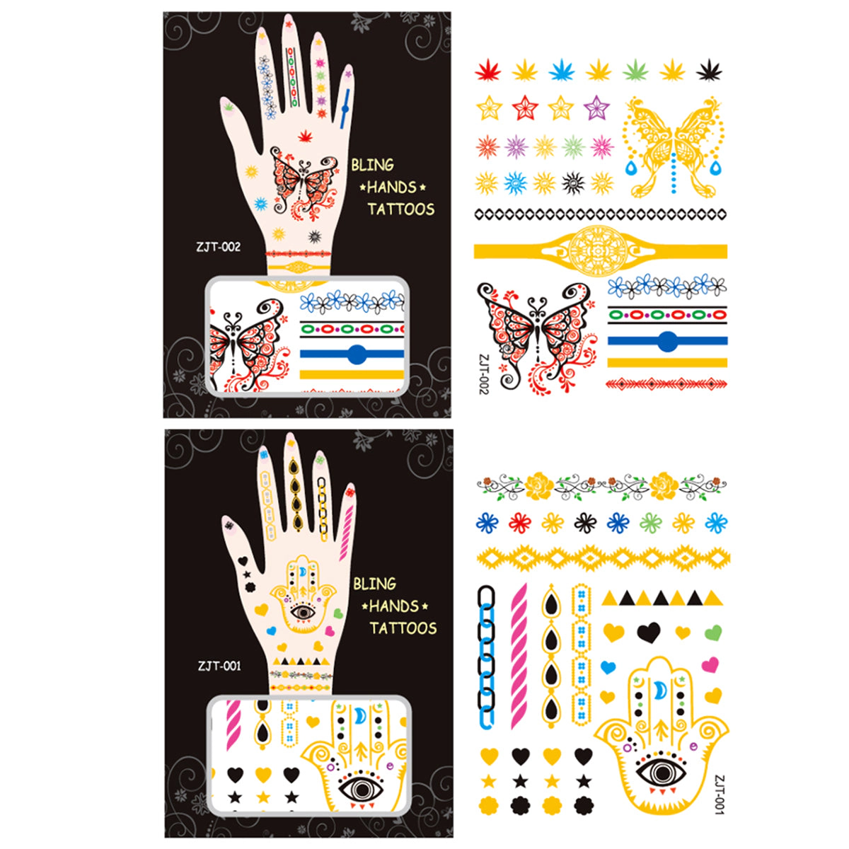 Wrapables Trendy Temporary Metallic Hand Tattoos, Butterfly and Hamsa