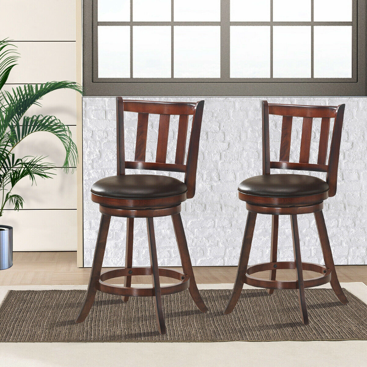 LJG 2 Pieces 360 Degree Swivel Wooden Counter Height Bar Stool Set with Cushioned Seat-25 Inches