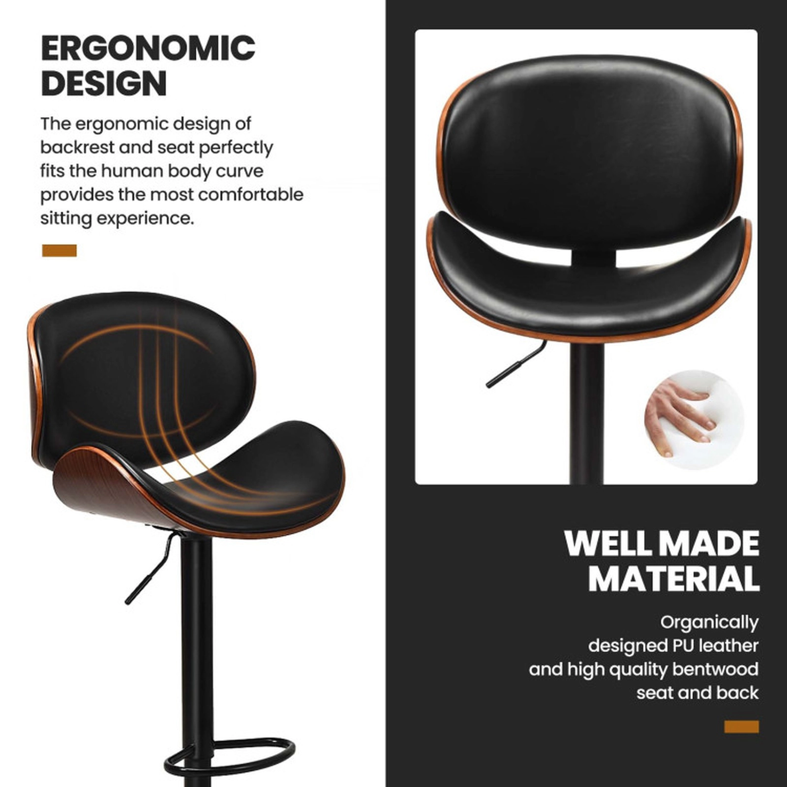 SUGIFT Black and Walnut Curved Footrest Set of 2 Adjustable Swivel PU Leather Bar Stools