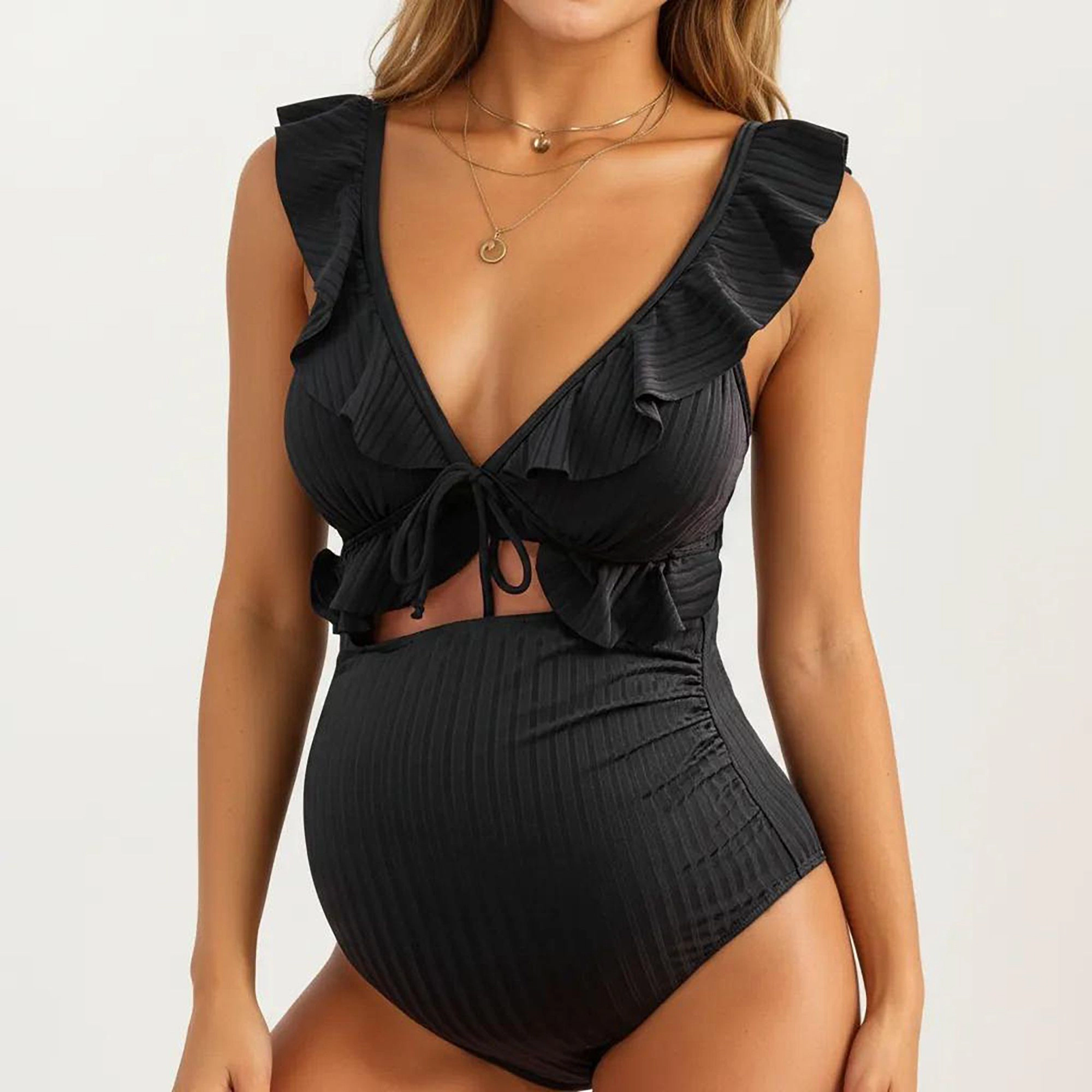Anna-Kaci Women’s Maternity One-Piece Swimsuit - Ruffled Sleeves, Tie Front