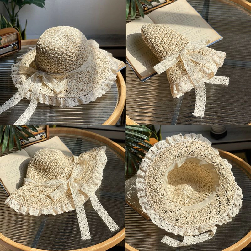 Anna-Kaci Womens Wide Brim Straw Sun Hat Lace Trim Breathable Floppy Beach Vacation