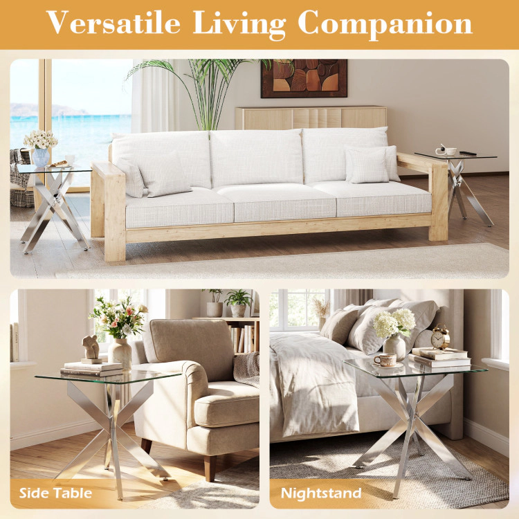 Hivvago Glass Side Table Square End Table With Tempered Glass Top And Metal X Base