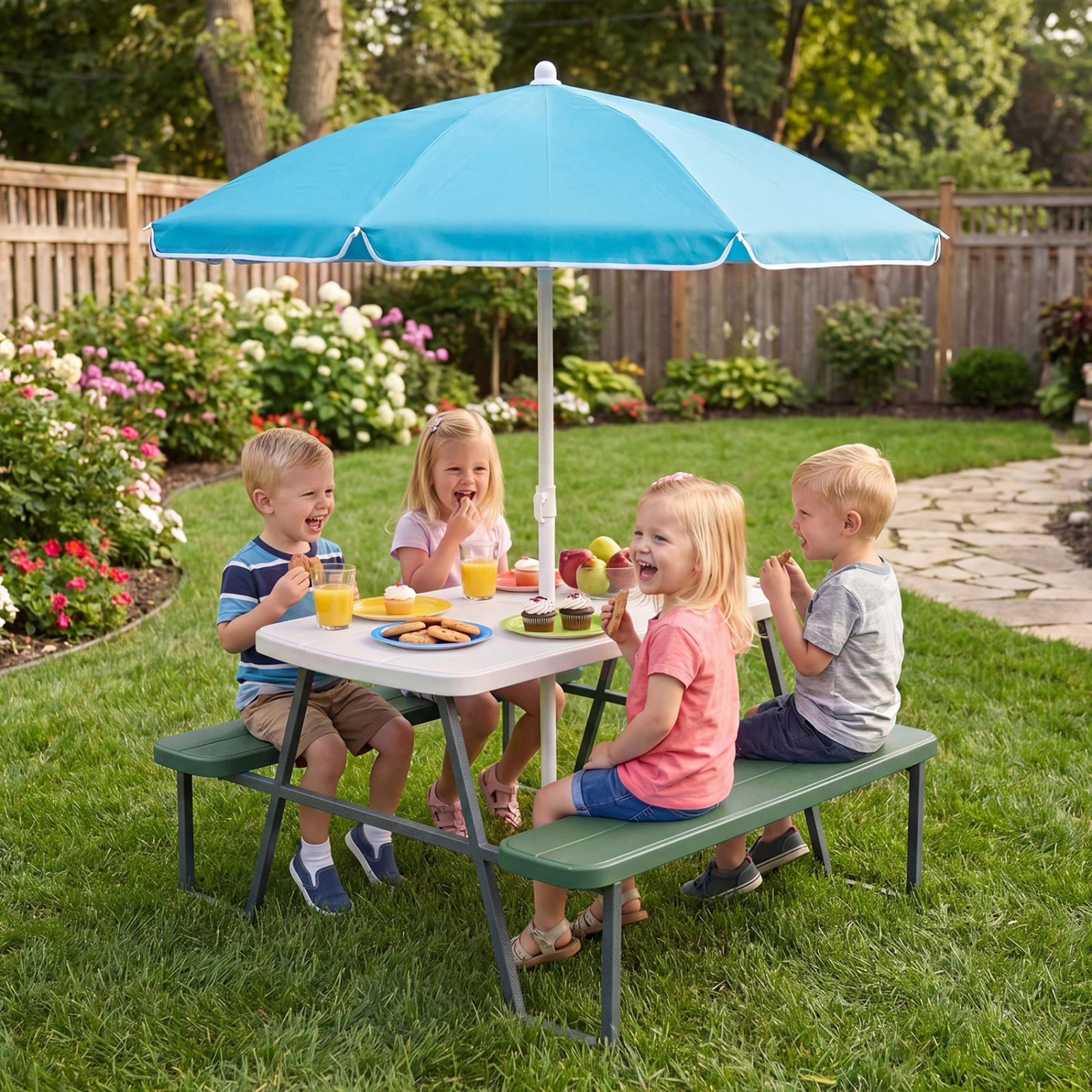 SUGIFT Kids Picnic Table with Benches and Umbrella Metal and HDPE 88-lb Table 660-lb Bench Capacity Ages 3+ Green