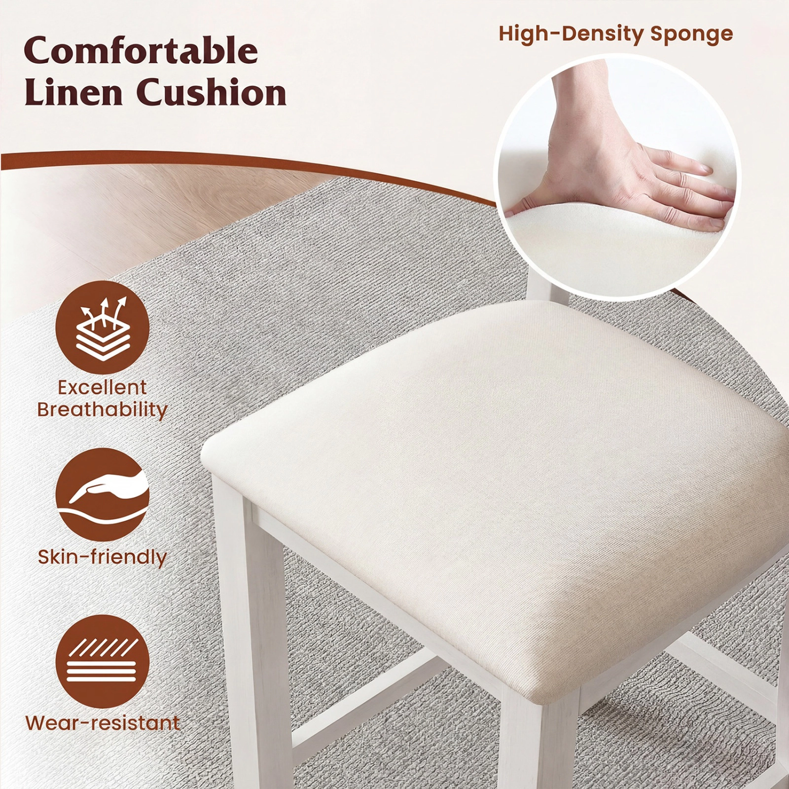 SUGIFT Slatted Back and Linen Cushion Set of 2 Modern Farmhouse Counter Height Stool