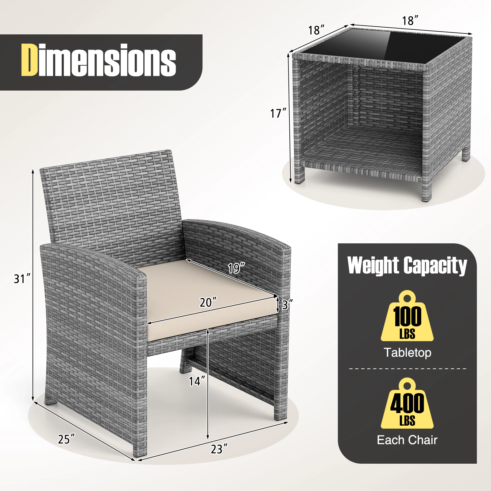 SUGIFT Tempered Glass Table and Seat Cushions 3-Piece White Patio Rattan Chair Set