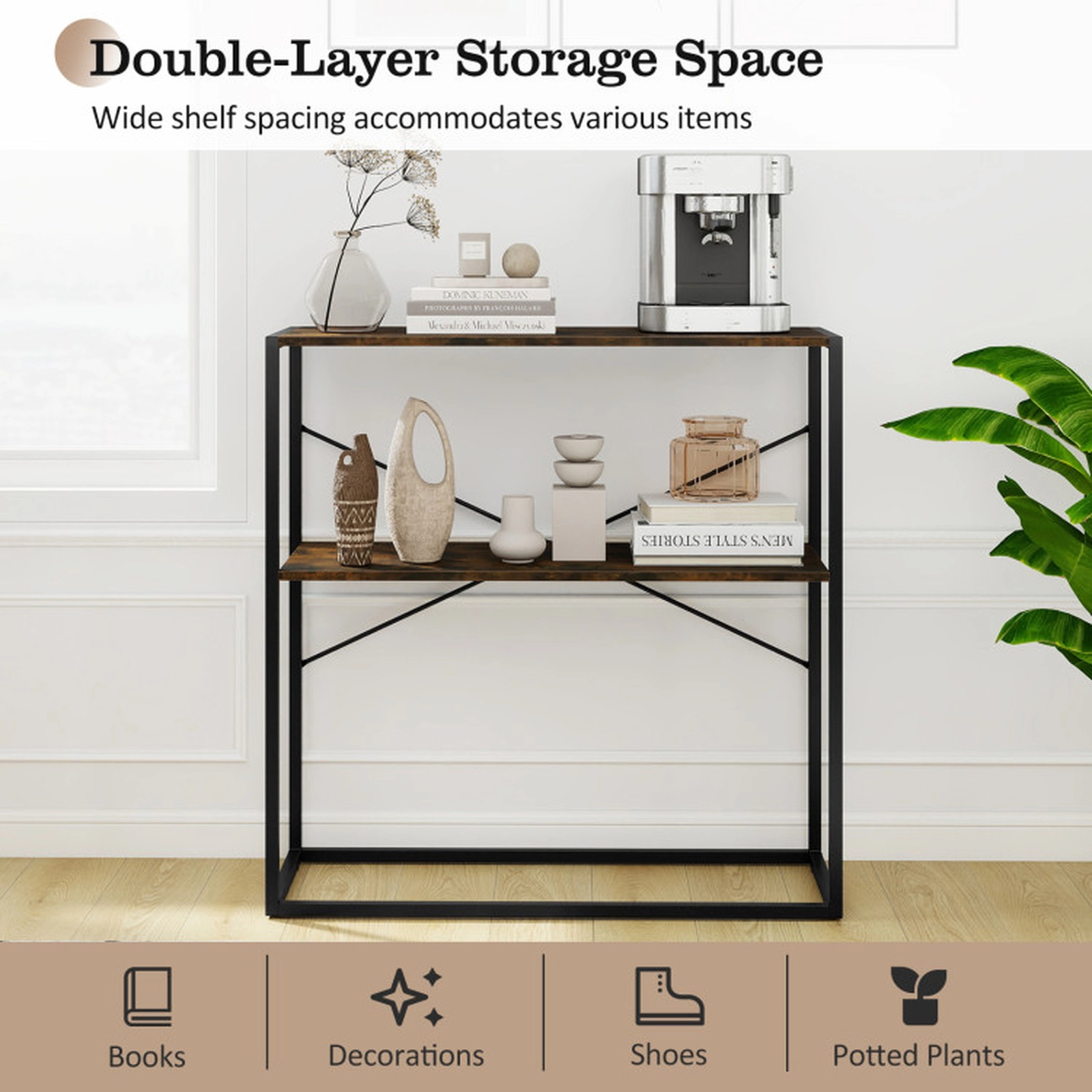 SUGIFT 2-Tier Open Shelves Black Metal X Frame Console Table 36-in x 13-in x 36-in 66-lb per Shelf Rustic Brown