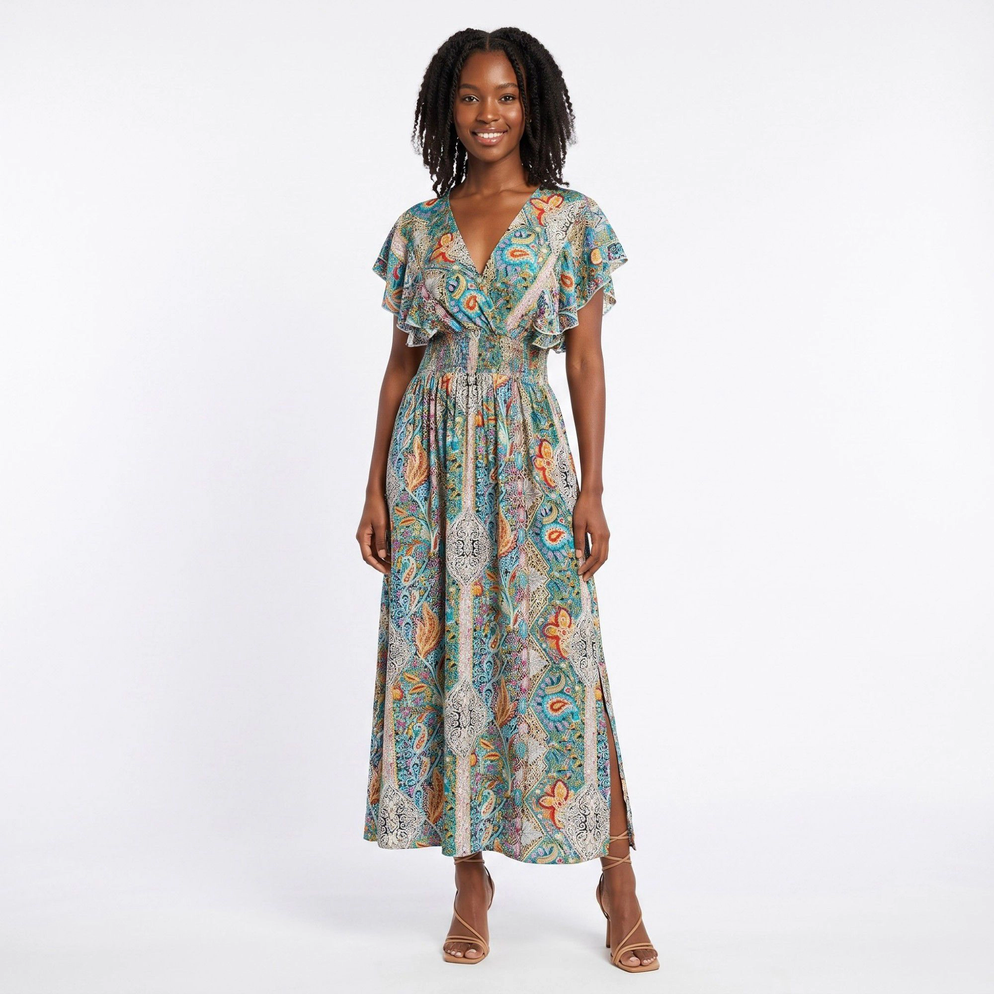 Anna-Kaci Women's Paisley Print V-Neck Flutter Sleeves Smocked Waist Side Slit Maxi Dress