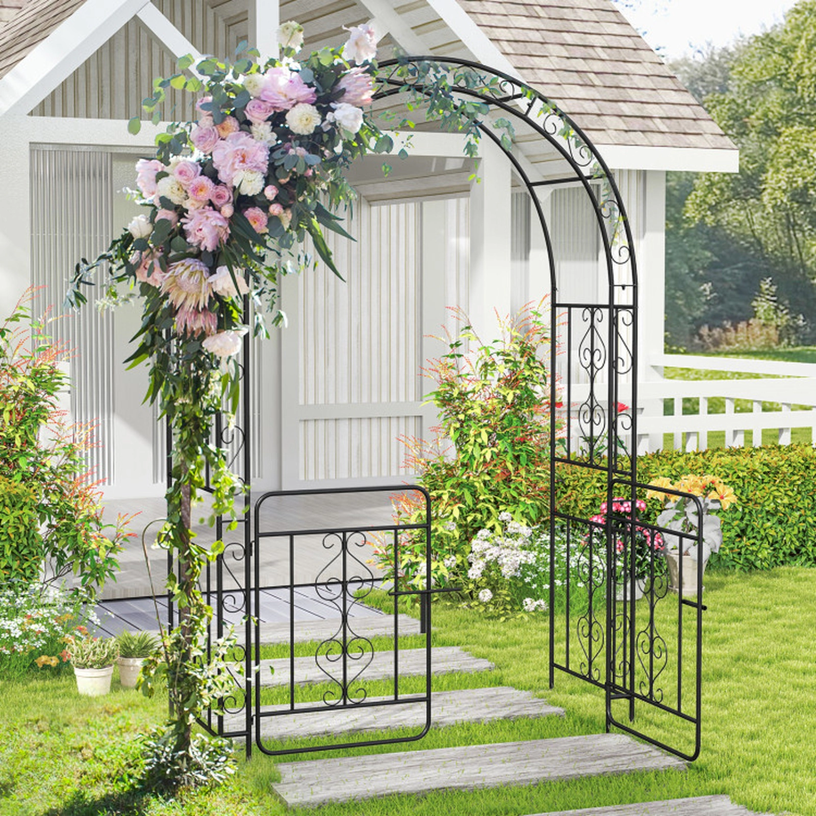 SUGIFT Black Galvanized Metal Garden Arbor with Gate Side Crossbars and 4 Ground Stakes 54-in W 23-in D 84-in H