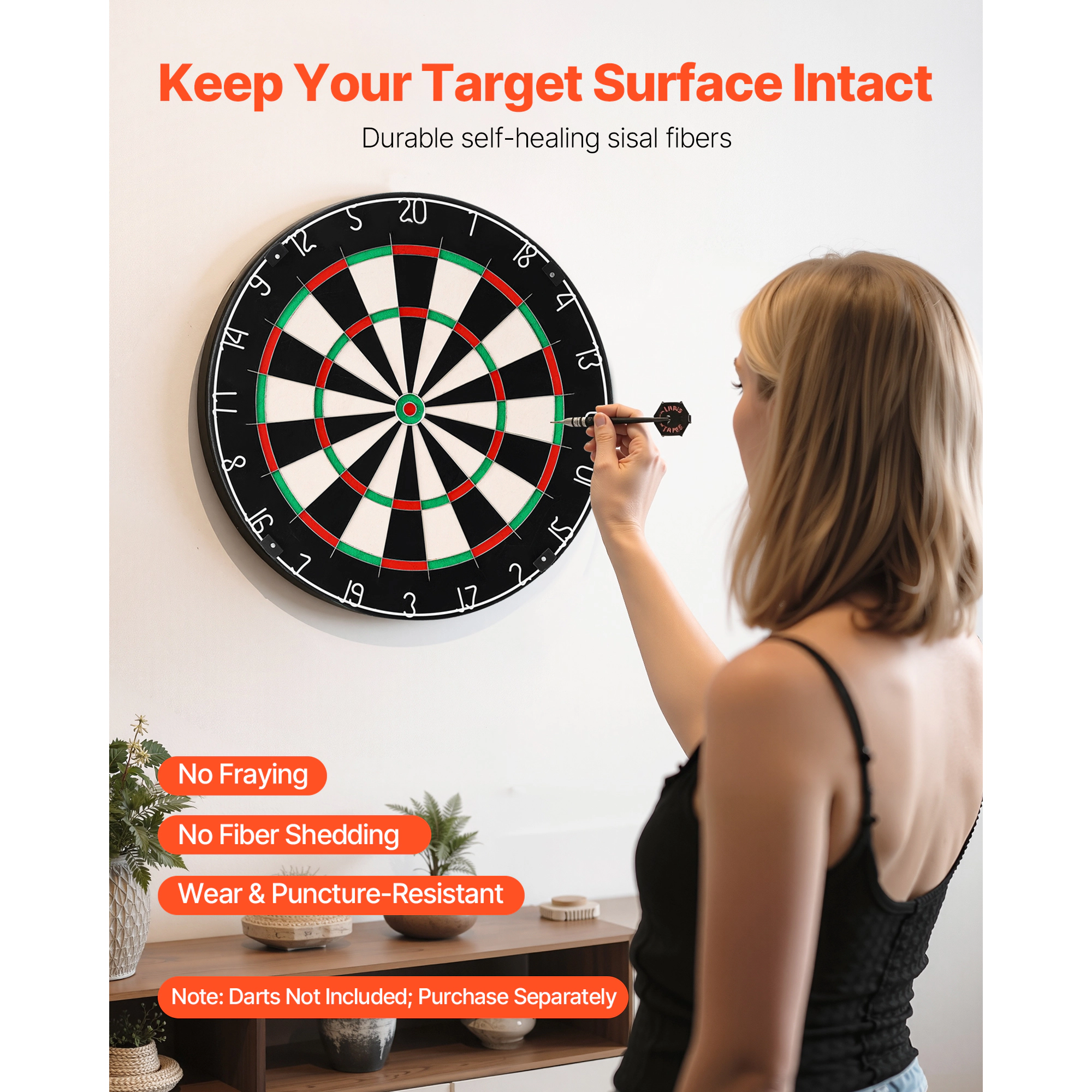 HONGGE Self-Healing Sisal Dartboard with Darts, Staple-Free Bullseye & Rotating Number Ring for Home Party Game