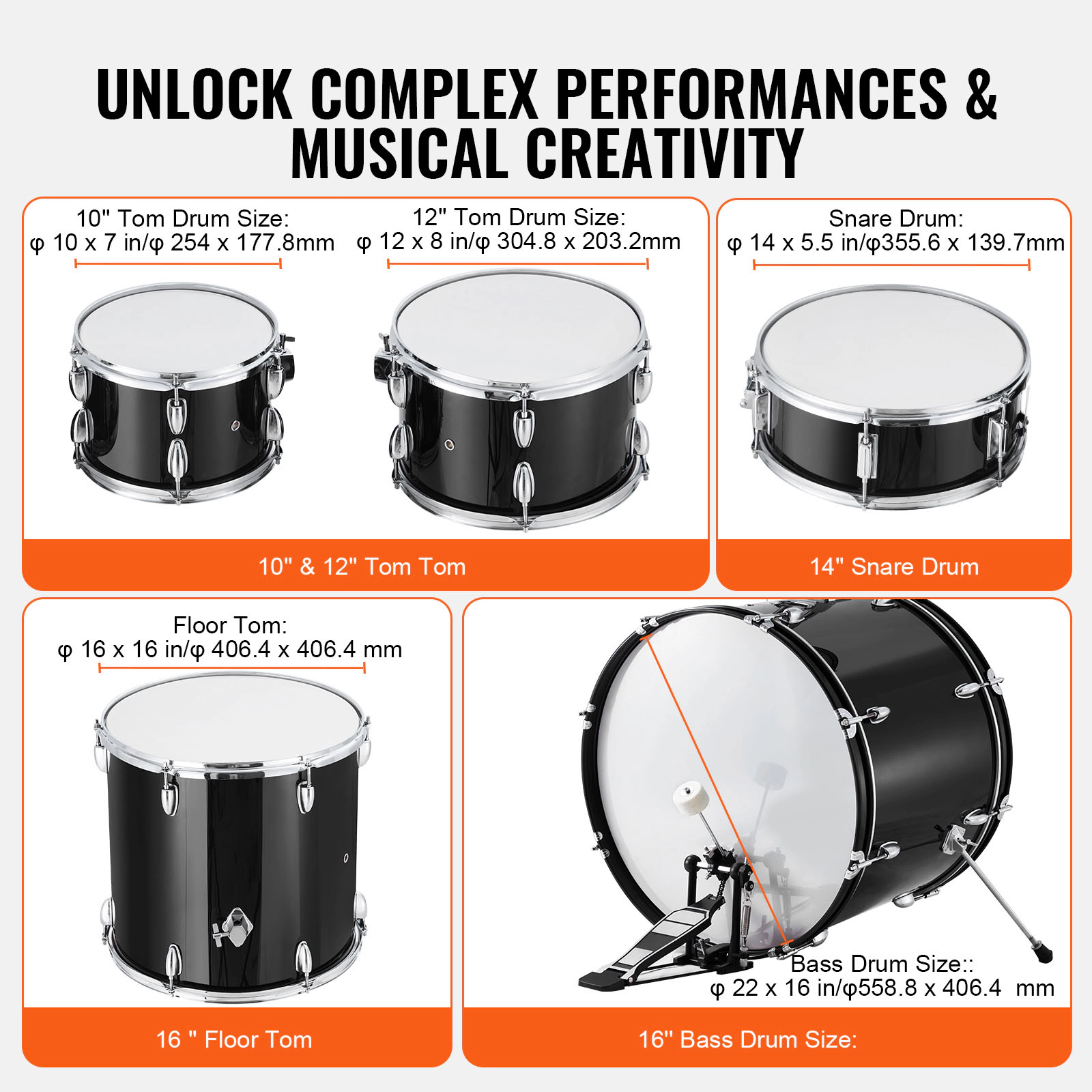 HONGGE Adult Drum Set 5-Piece 22 inches Complete Full Size Drum Kit with Bass Toms Snare Floor Drum Adjustable Throne