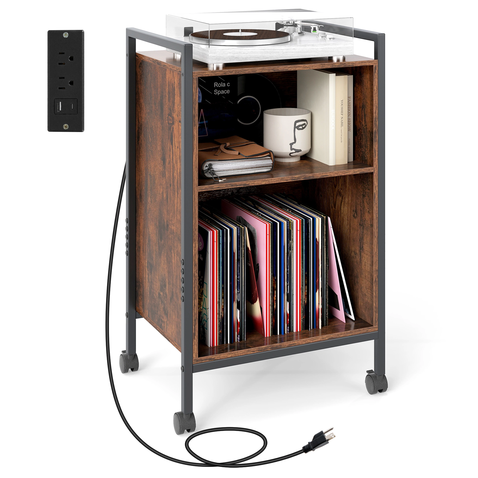LJG Mobile Record Player Stand with Power Outlet