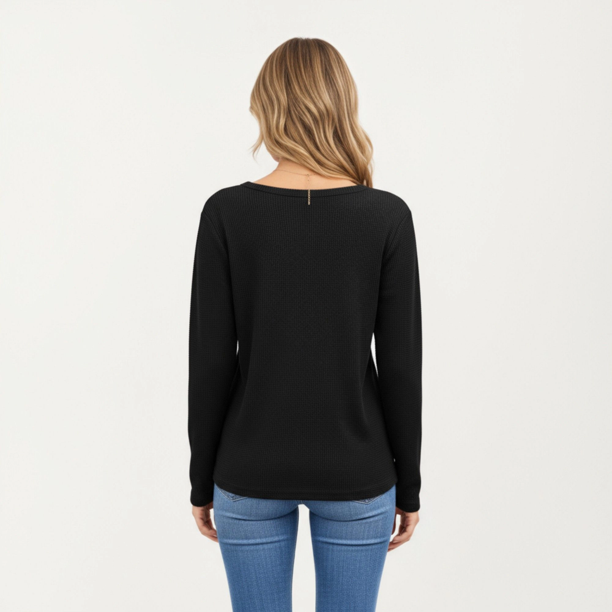 Anna-Kaci Women's Waffle Knit Notch V-Neck Relaxed Fit Long Sleeve Top