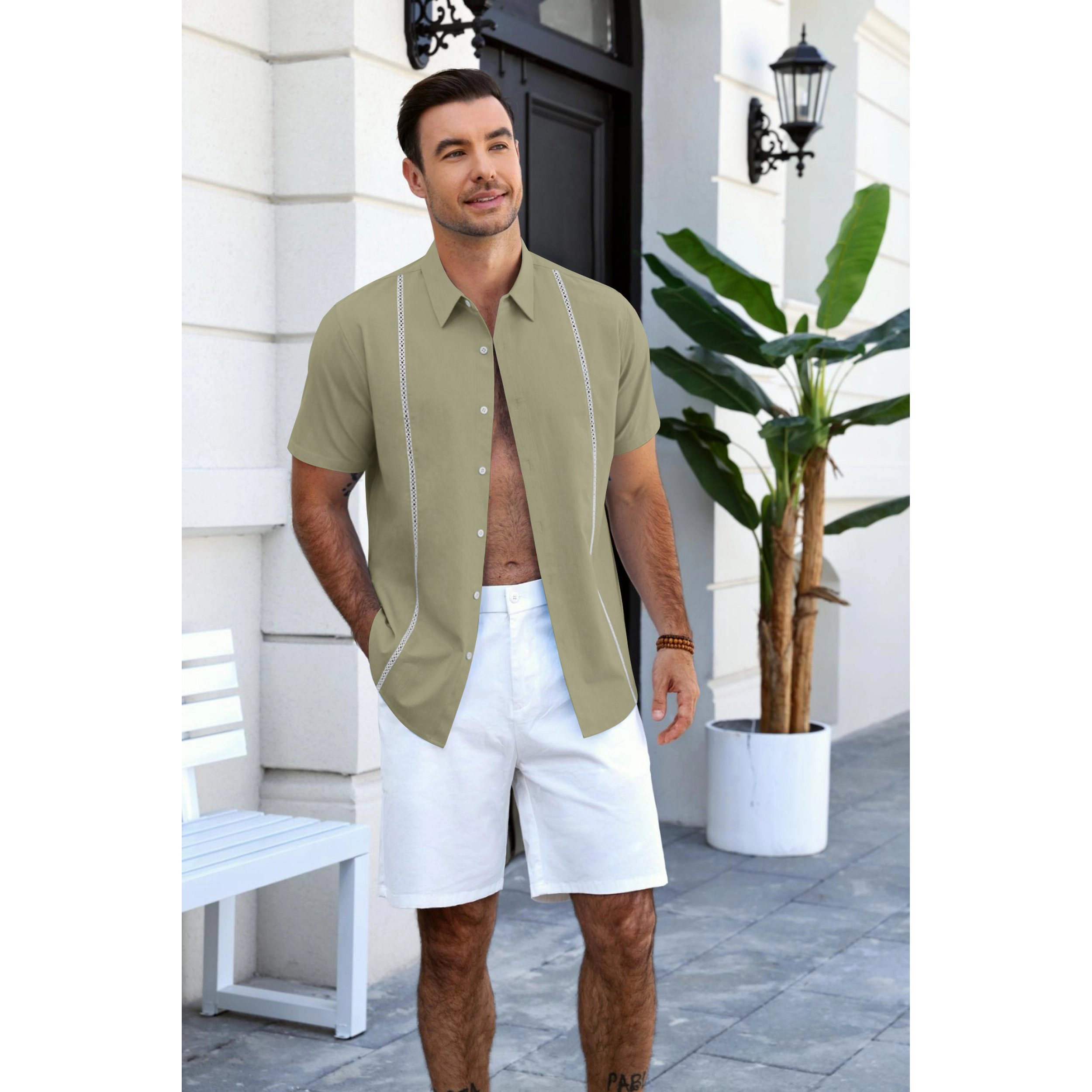 COOFANDY Men's Relaxed Fit Button Down Short Sleeve Shirt with Stripes