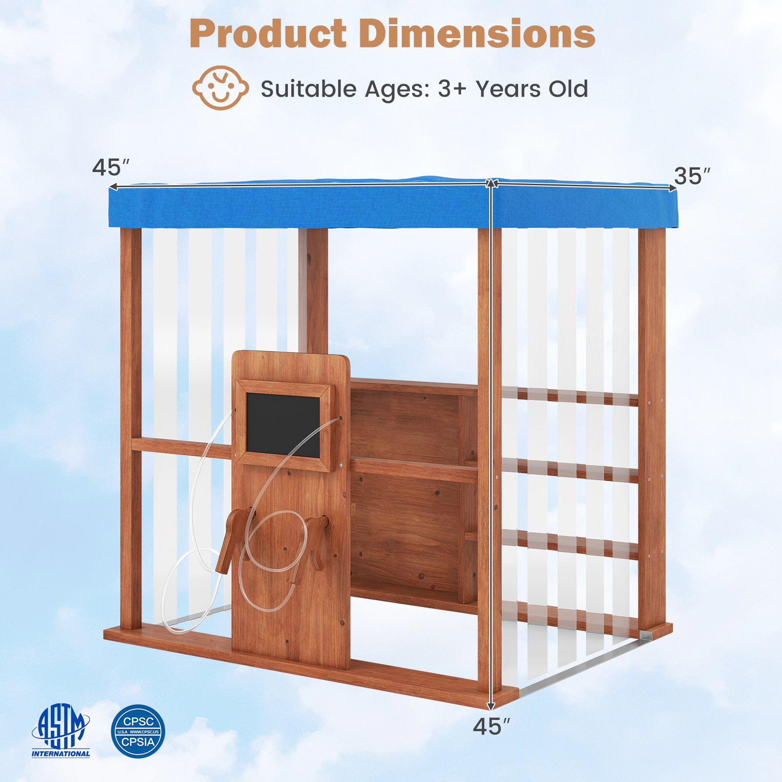 Kids Gas Station Playhouse Outdoor Wooden Play House with 2 Refueling Guns 2 Chalkboards 3-Tier Shelves Brown