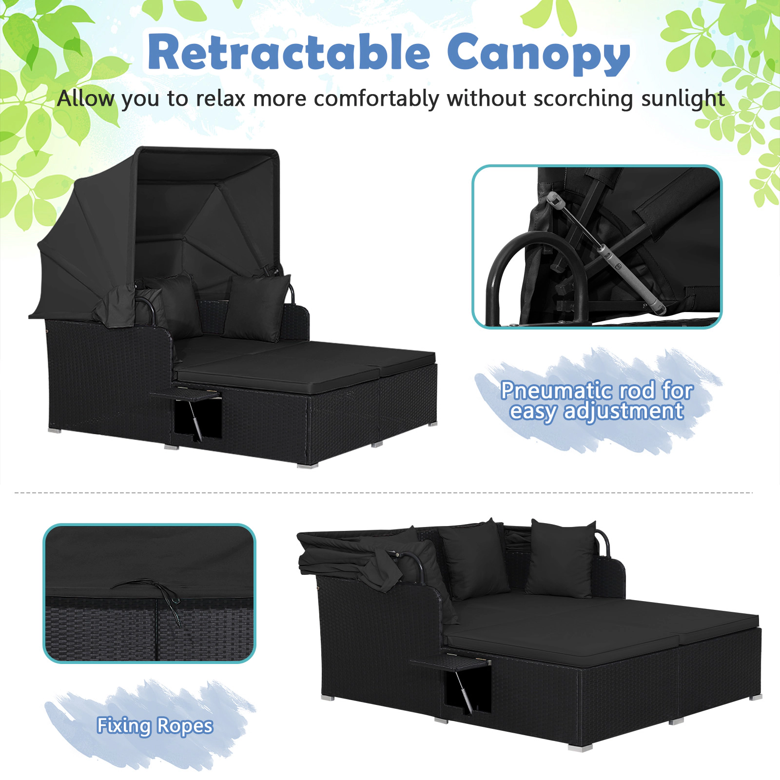 SUGIFT Black Rattan Outdoor Canopy Daybed with Retractable Shade and Folding Trays