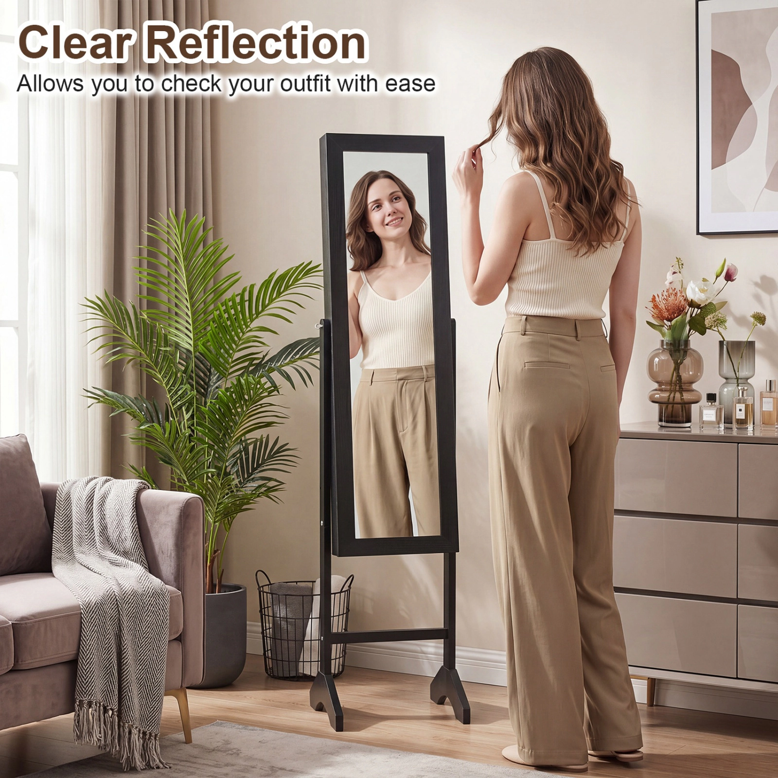 SUGIFT Freestanding Jewelry Armoire Velvet Lining & Full Length 40 x 9-in Mirror 61-in Tall 14 x 13-in Base 1-Pc Black
