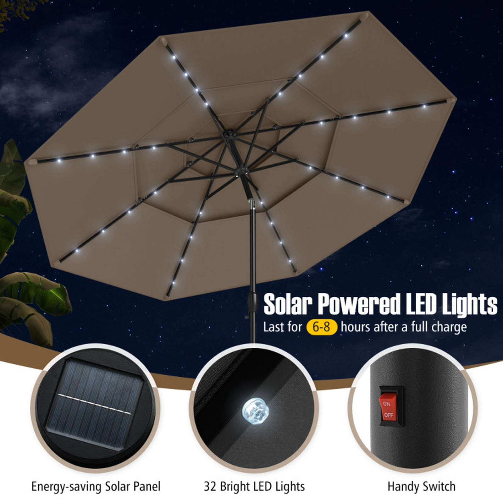SUGIFT Taupe Solar Patio Market Umbrella with 3-Tier Vented Top and 32 LED Lights 10-ft Dia 8.2-ft H