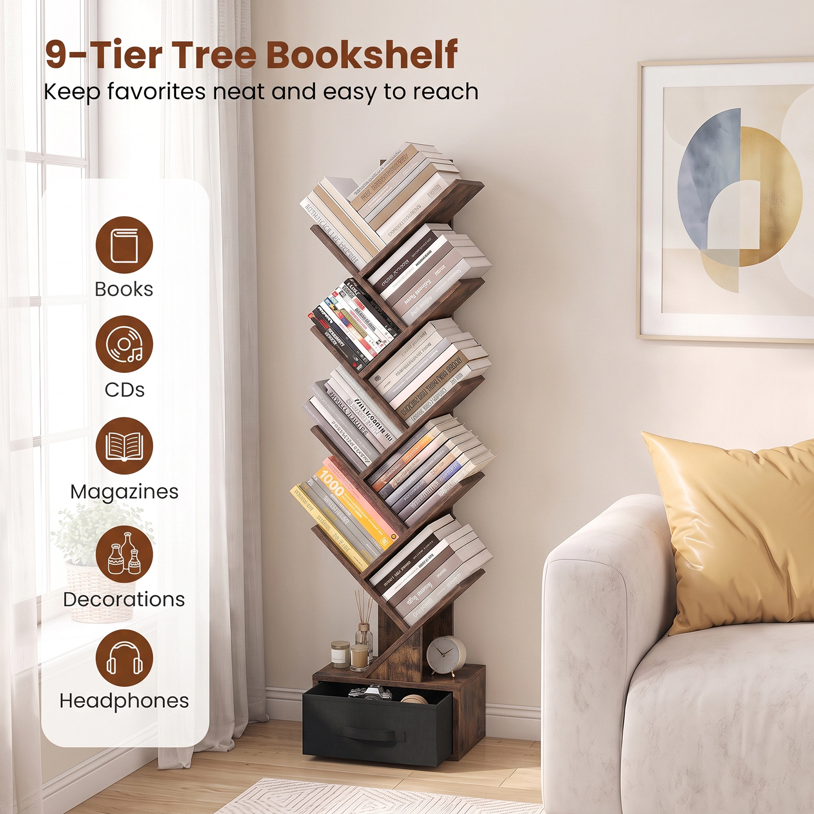 Costway 9-Tier Tree Bookshelf with Drawer Wooden Floor Standing Bookcase White