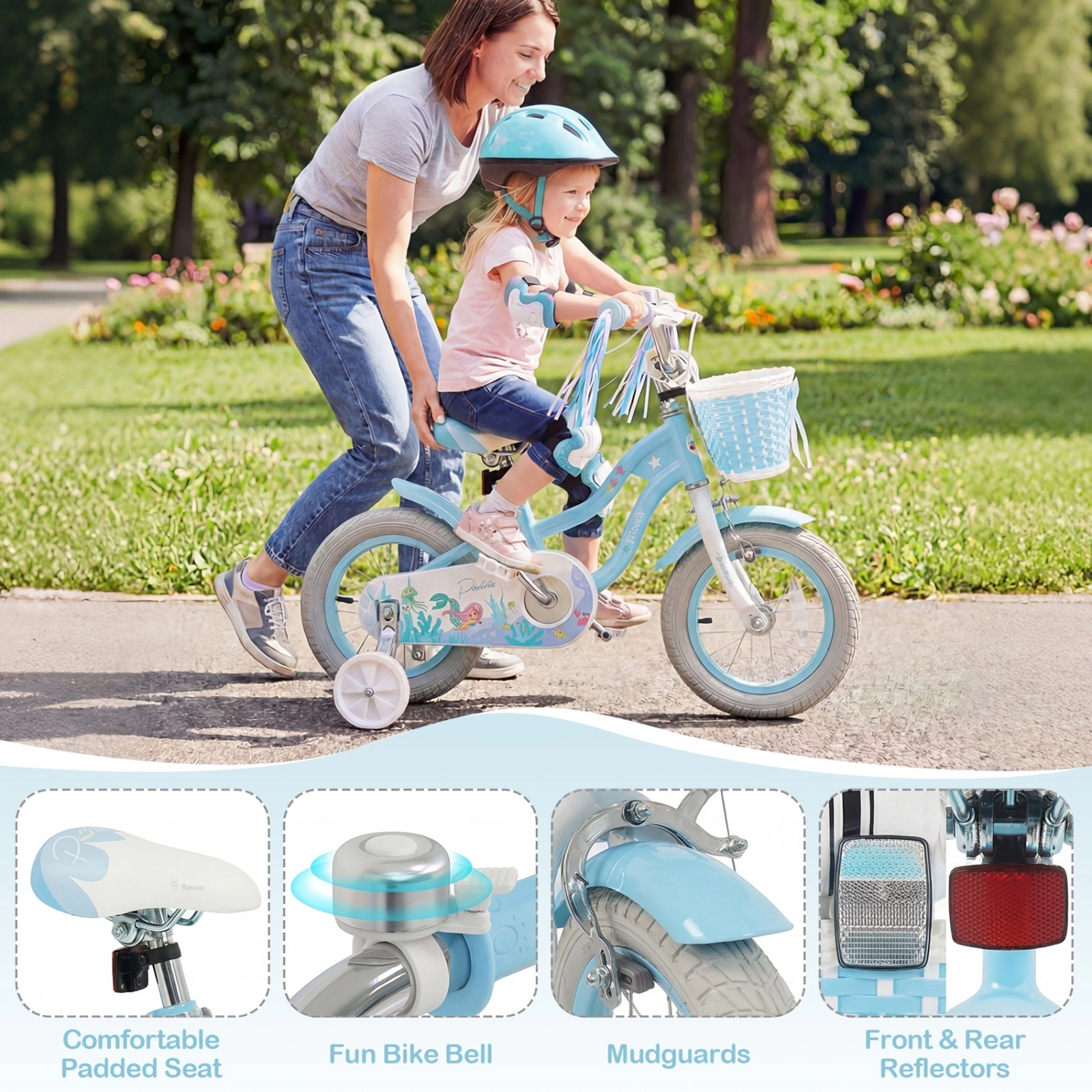 12-in Girls Bike with Removable Basket Streamers and Training Wheels for Ages 3-4 Mermaid Graphics Kids Bicycle