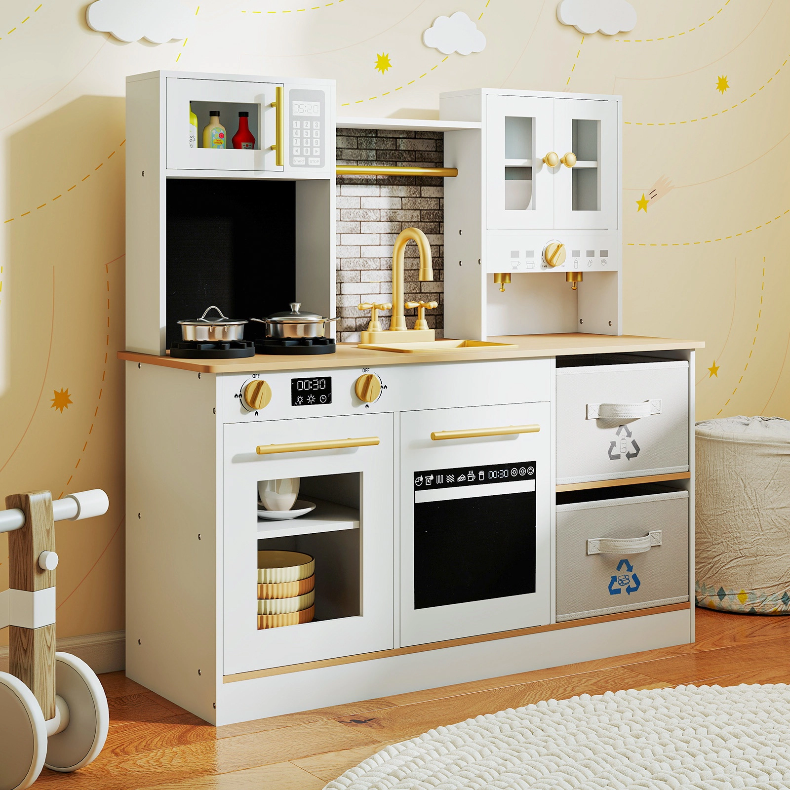 SUGIFT Kids Wooden Kitchen Playset with 2 Stoves Sound Light Ages 3+ Years White and Natural with Fabric Drawers