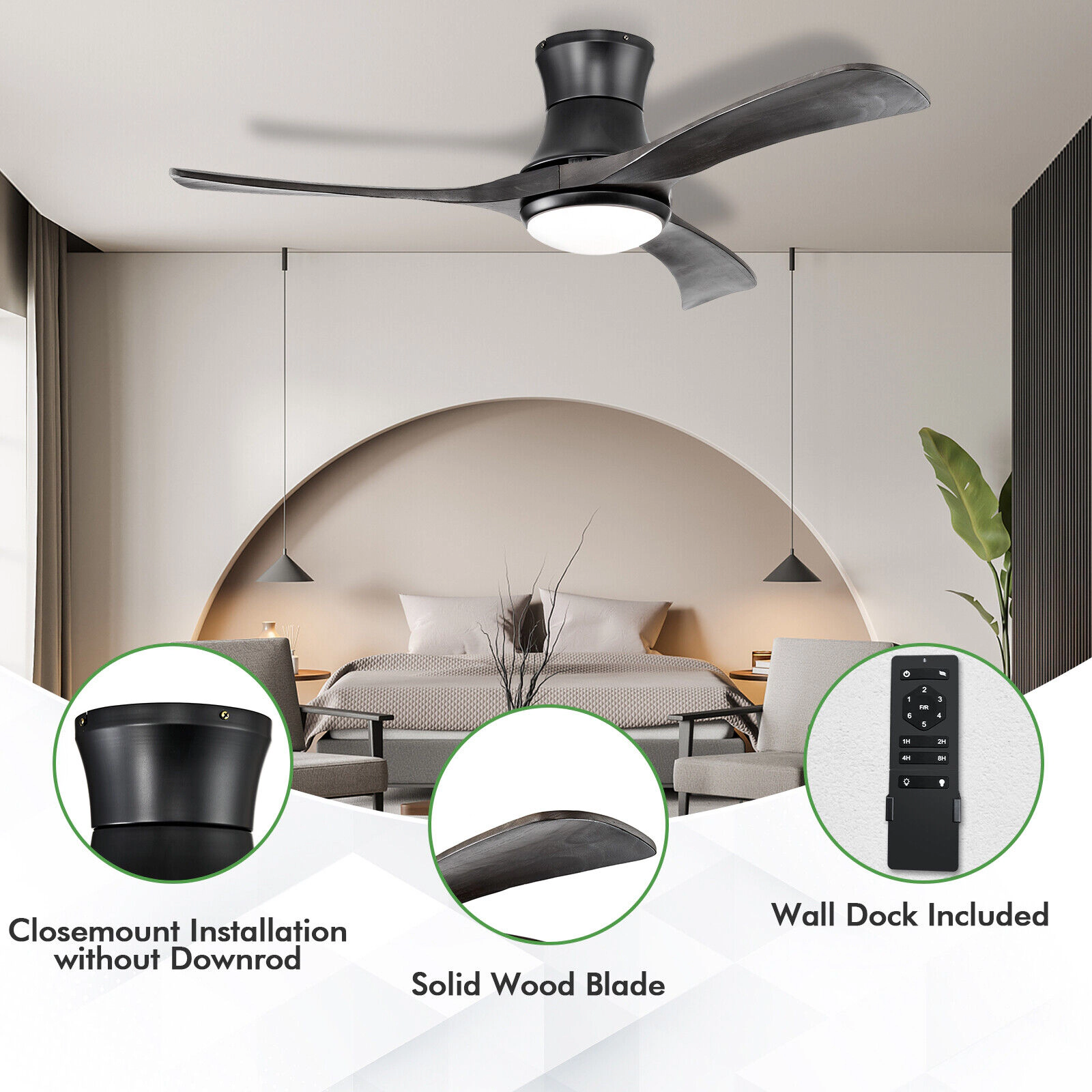 SUGIFT 52-Inch Black Flush-Mount Ceiling Fan, 3 Blades, 6 Speeds, 22W LED Light and Remote