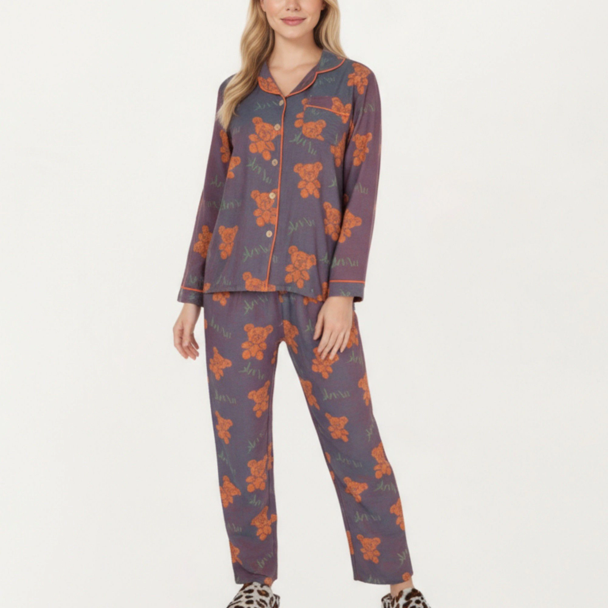 Anna-Kaci Women's 2-Piece Teddy Bear Print Button Up Long Sleeve Pajama Top and Relaxed Fit Pants