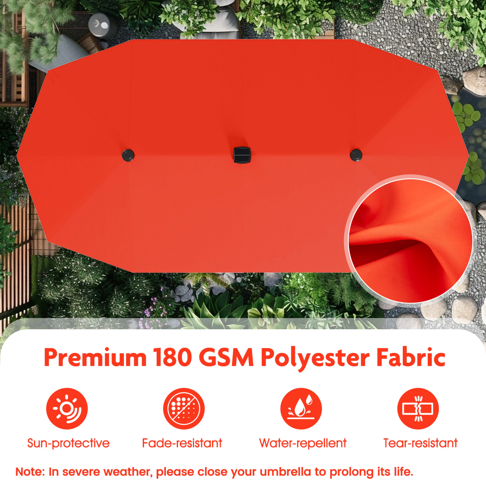 SUGIFT 13-ft Orange Rectangular Double-Sided Market Patio Umbrella with 108 Solar LED Lights and Crank Lift