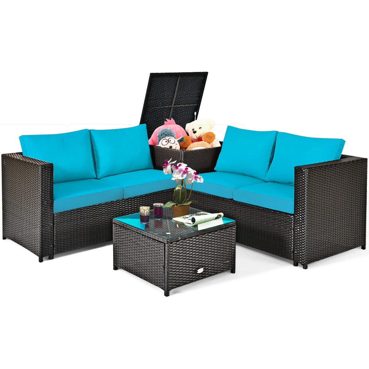 SUGIFT 4-Piece Turquoise Rattan Patio Set with Cushioned Loveseat, Glass Coffee Table and Storage Table