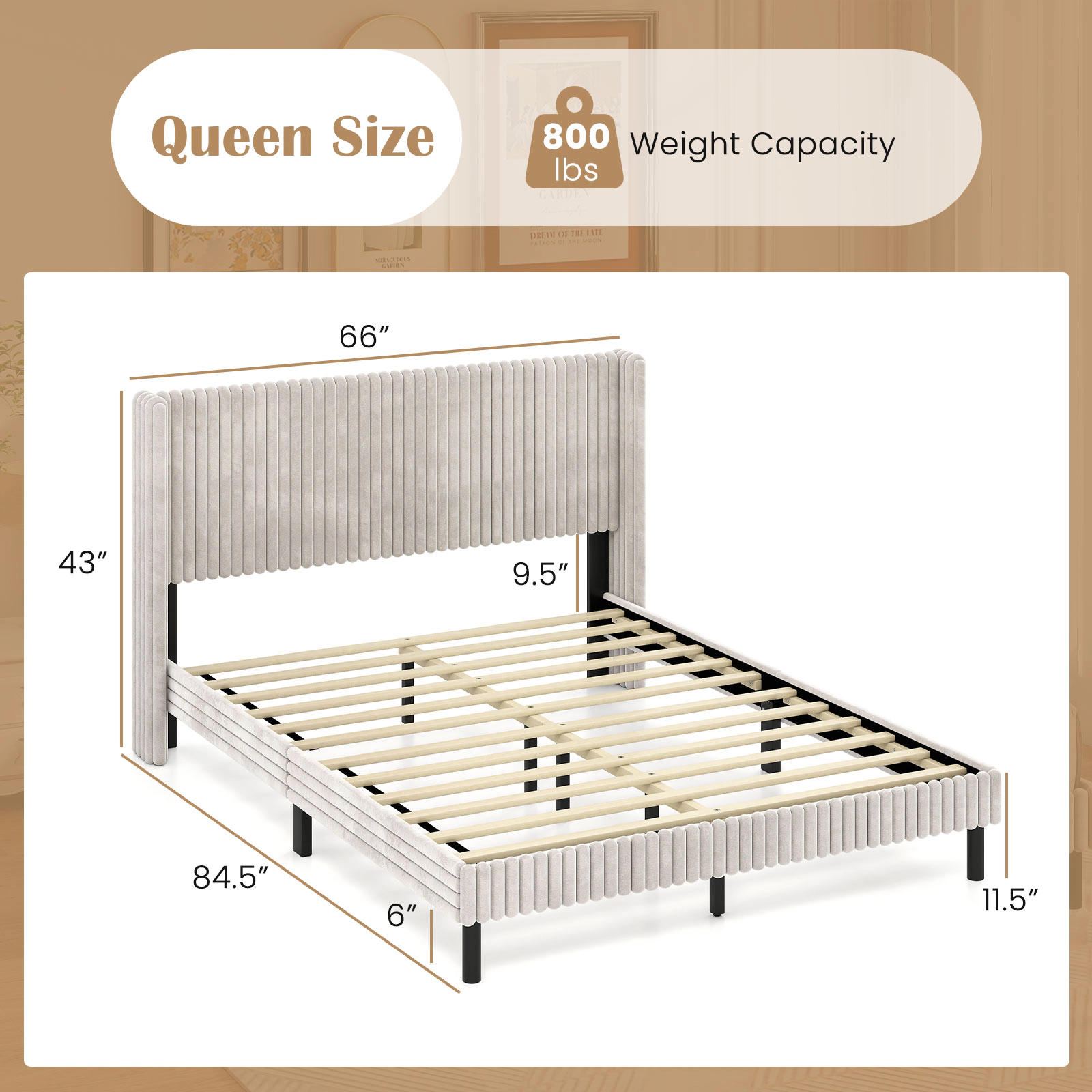 SUGIFT Queen Velvet Upholstered Platform Bed, White, Wingback Channel-Tufted Headboard, 800-lb Capacity