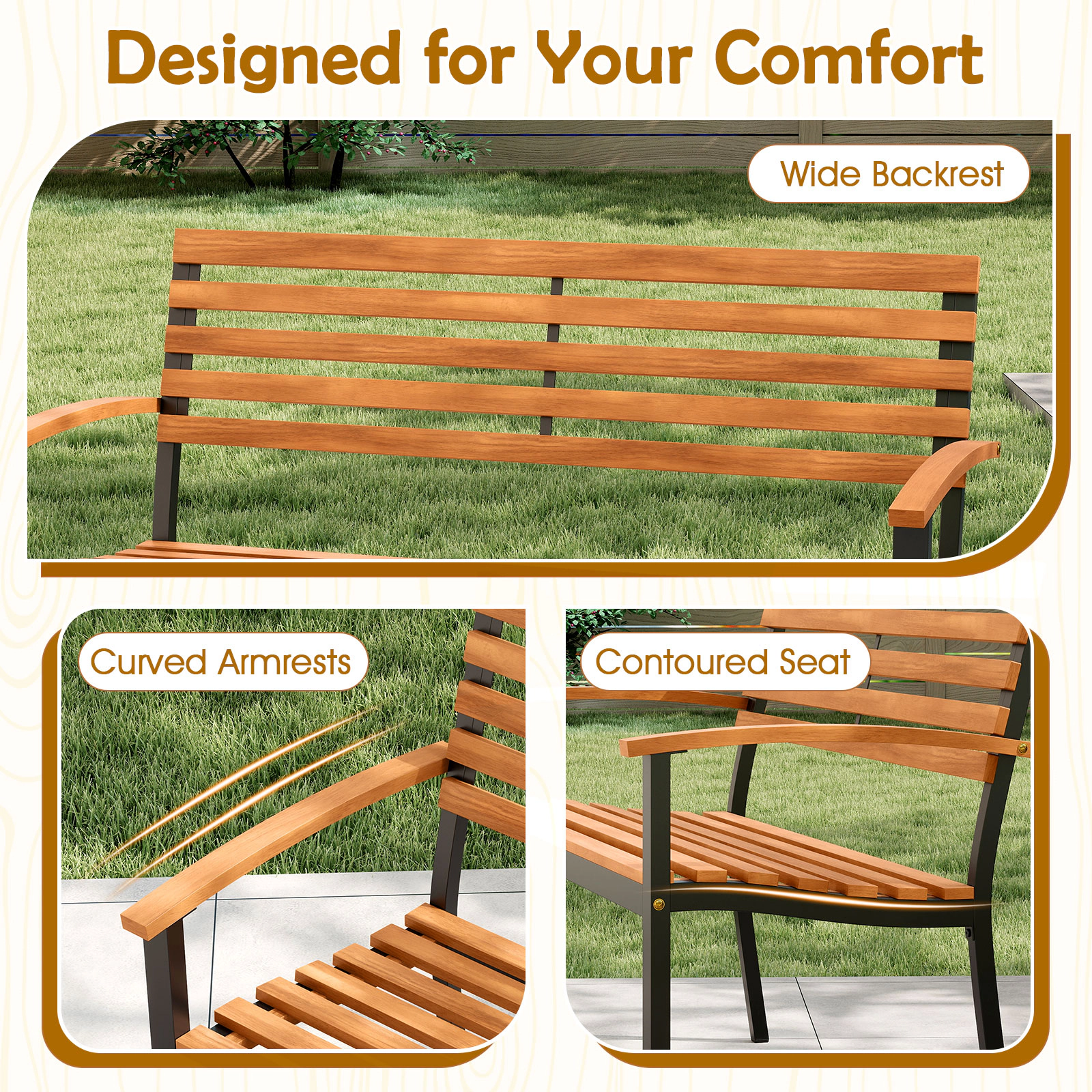 SUGIFT 47 in Outdoor Bench Acacia Wood Patio Loveseat with Backrest and Armrests