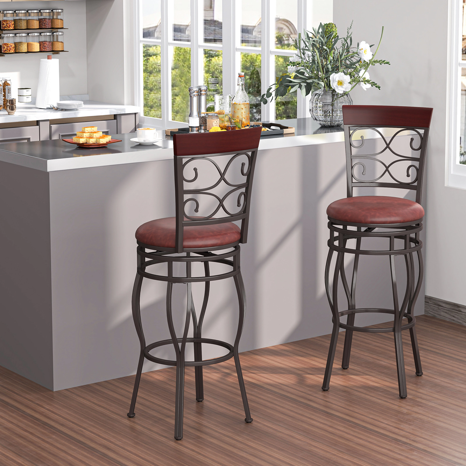SUGIFT 2-Piece 30-in 360-Degree Swivel Bar Stools with Leather Padded Seat 300-lb Capacity Brown