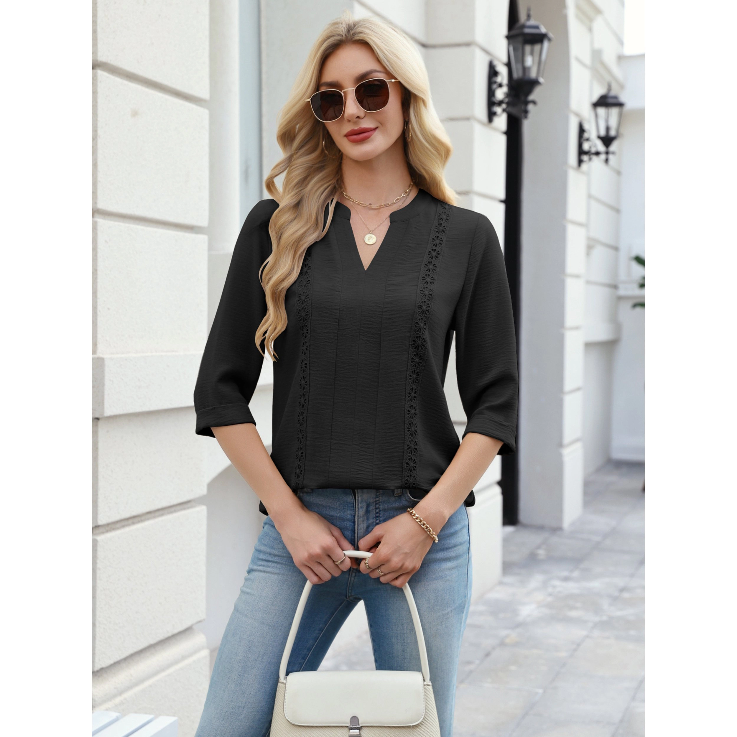 Zeagoo Women's Notched V Neck Eyelet Lace Panel Three Quarter Sleeve Crinkle T-shirt