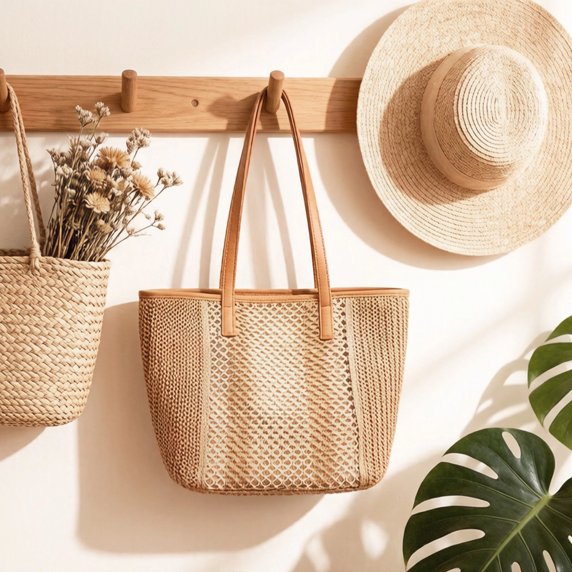 Alilang Women's Woven Crochet Tote Bag with Textured Panel Design Leather Shoulder Strap Lightweight Handbag