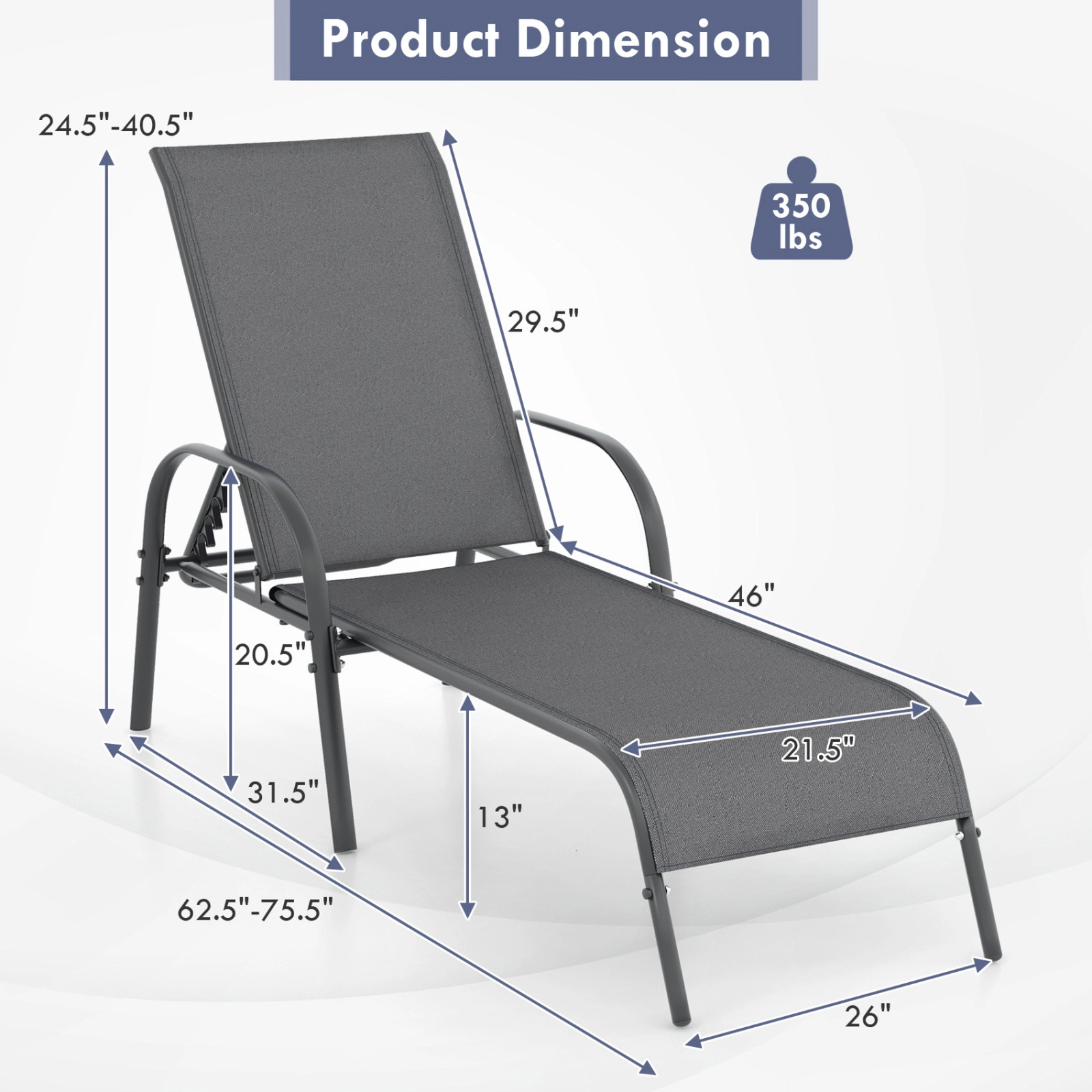 SUGIFT Adjustable Outdoor Chaise Lounge Chair 350-Lb Capacity 75.5-in Horizontal 62.5-in Upright Dark Gray