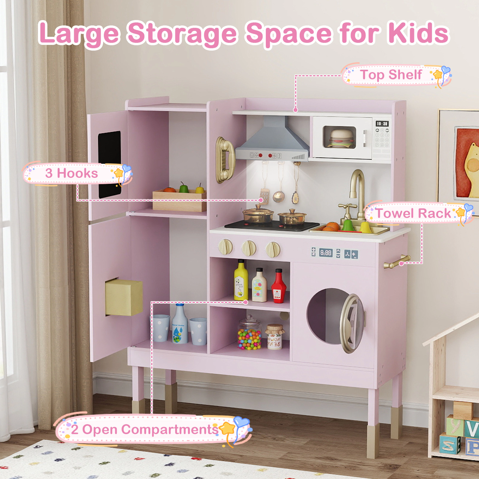 Toy Kitchen Playset for Toddlers Ice Maker Telephone Chef Hat Apron 21-in Counter 32.5-in x 11.5-in x 40.5-in Light Pink