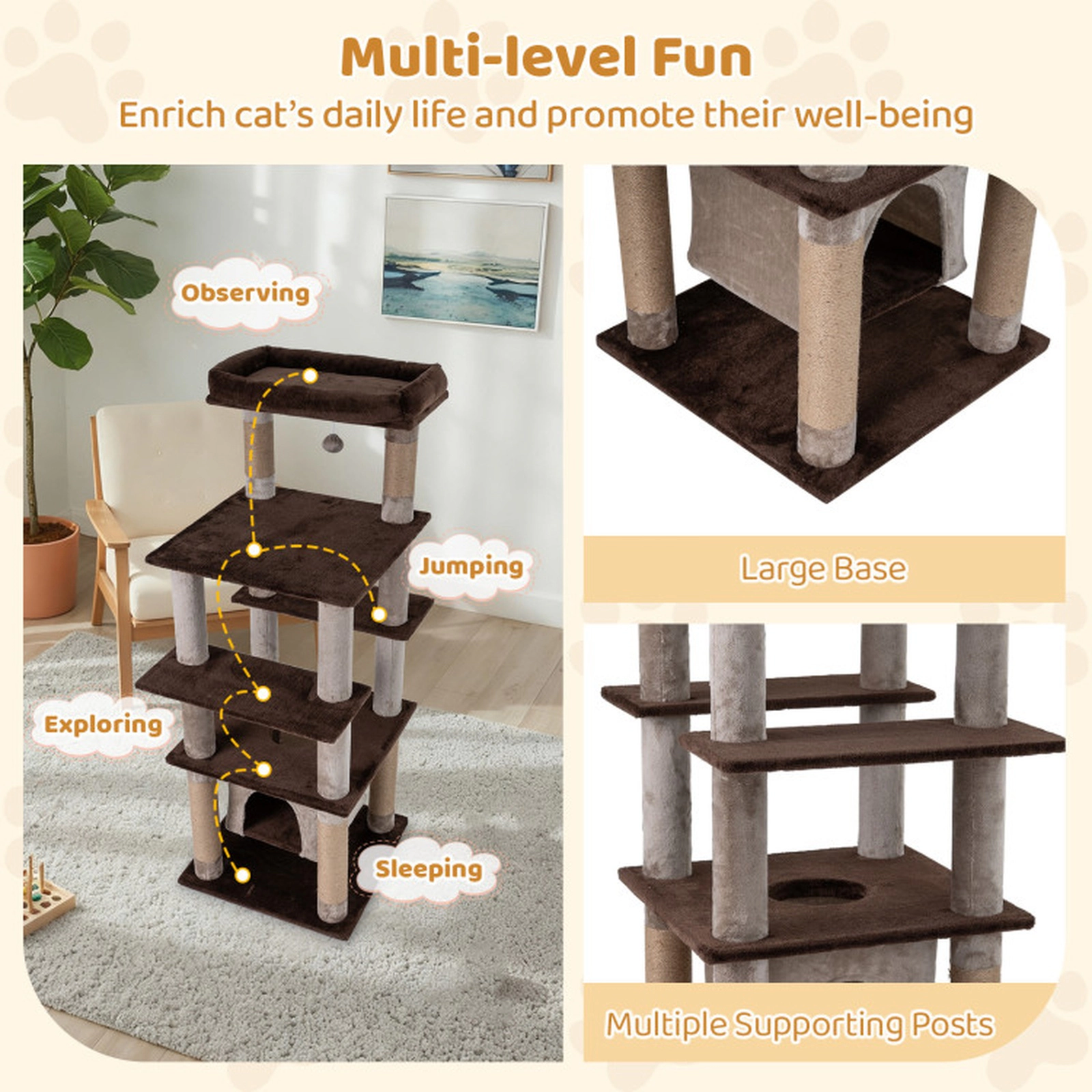 SUGIFT Brown Multi-Level Cat Tree with Swaying Aerial Condo and Top Perch 22-in W 22-in D 58-in H 22-lb Per Tier