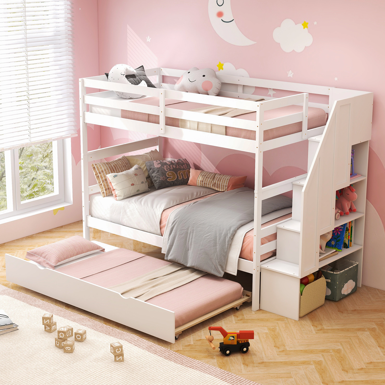 SUGIFT White 4-Step Storage Stairs Trundle and Guardrail Kids Wood Bunk Bed