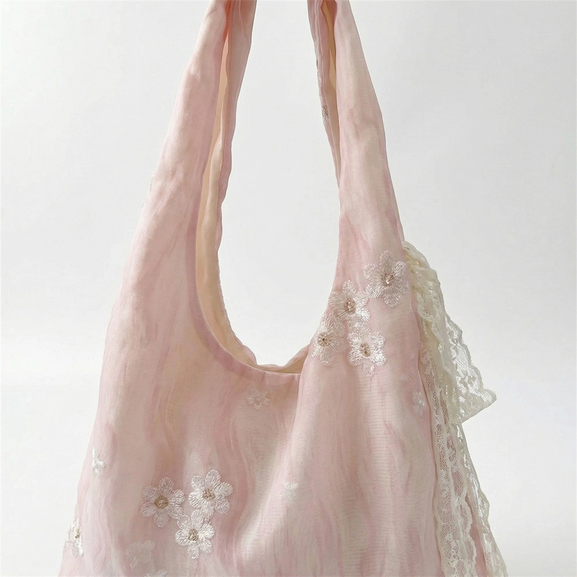 Alilang Women's Soft Shoulder Bag with Floral Embroidery Lace Trim Detail and Slouchy Hobo Silhouette