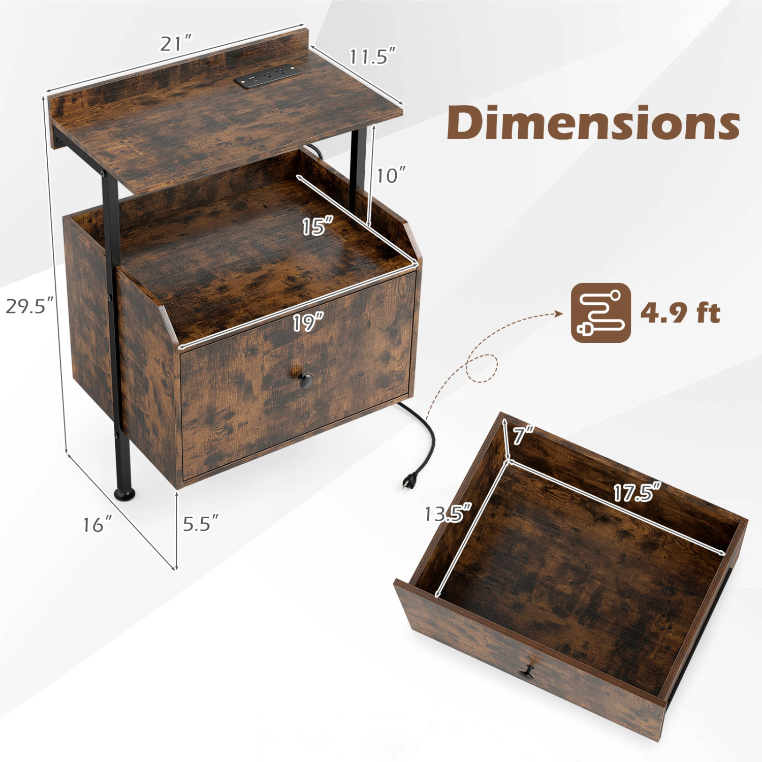 Hivvago Wall-mounted Nightstand with LED Lights and Charging Station for Bedroom