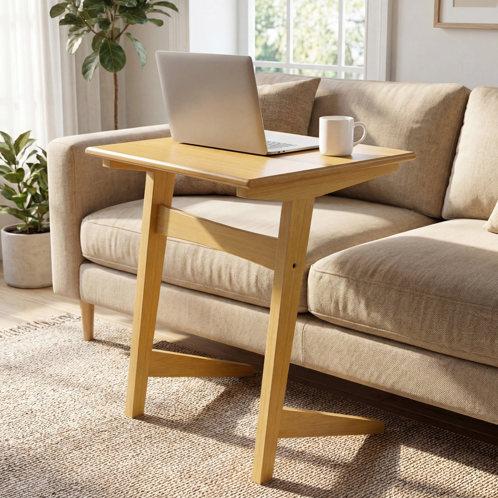 SUGIFT Space-Saving C-Shaped Sofa Side End Table with Wood Veneered Top 165-lb Capacity Natural