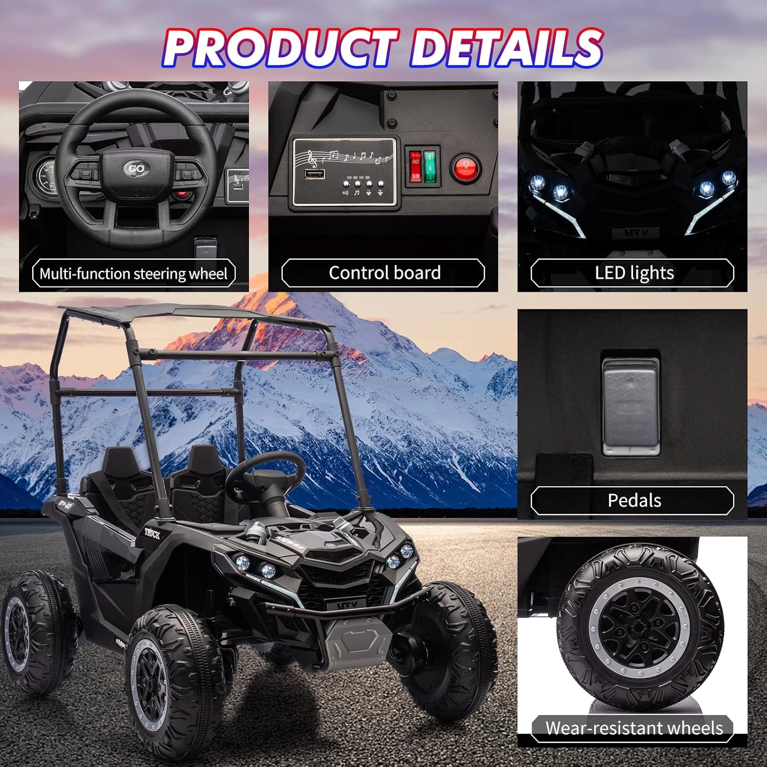 Enjyam 24V 4WD 2-Seater Kids Ride-On UTV w/Sun Shade, Remote Control, LED Lights, Music, Shock Absorbers, 4×75W  Motors