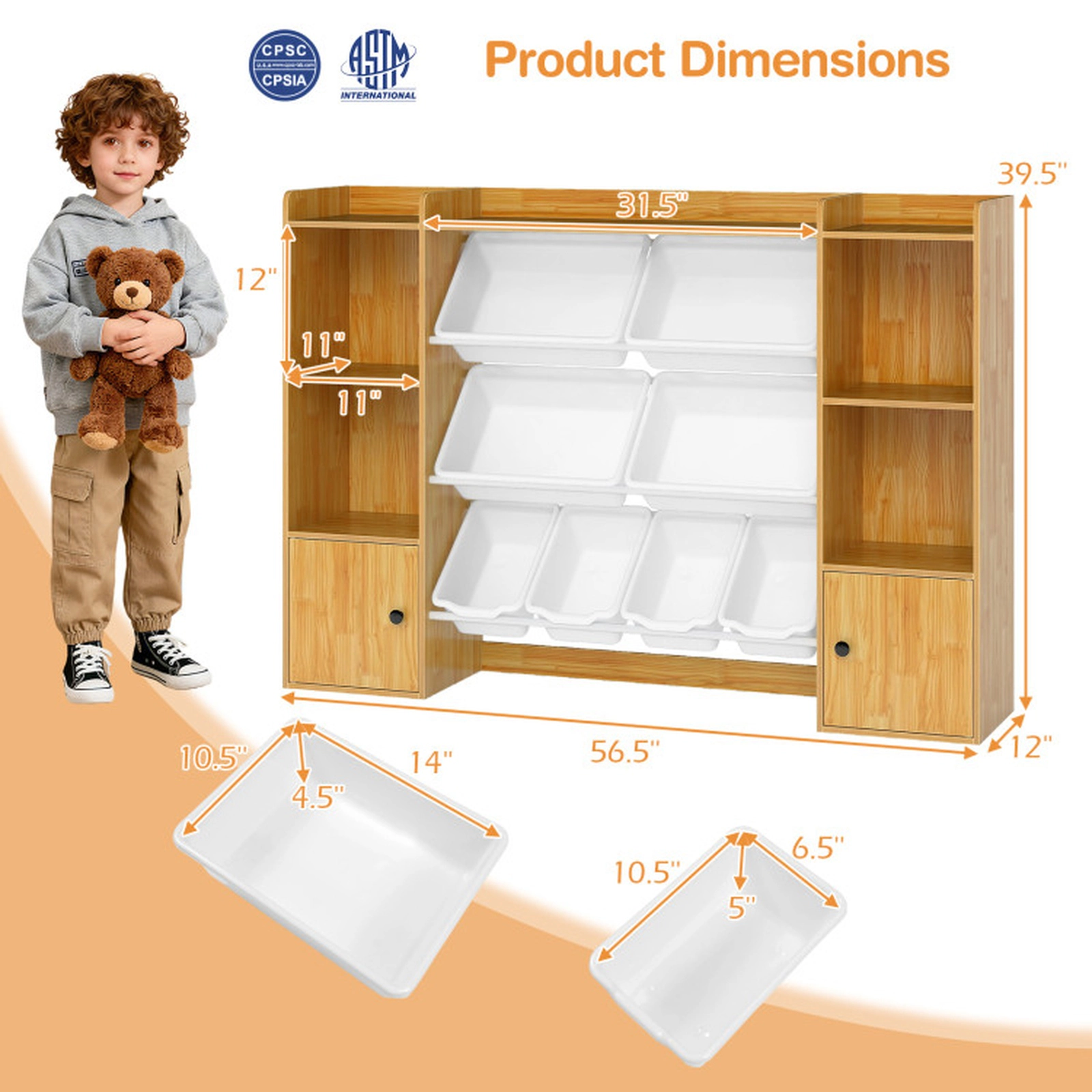 SUGIFT 39.5-in 385-lb Capacity Kids Toy Storage Organizer and Bookshelf with 8 Boxes and 2 Door Cabinets