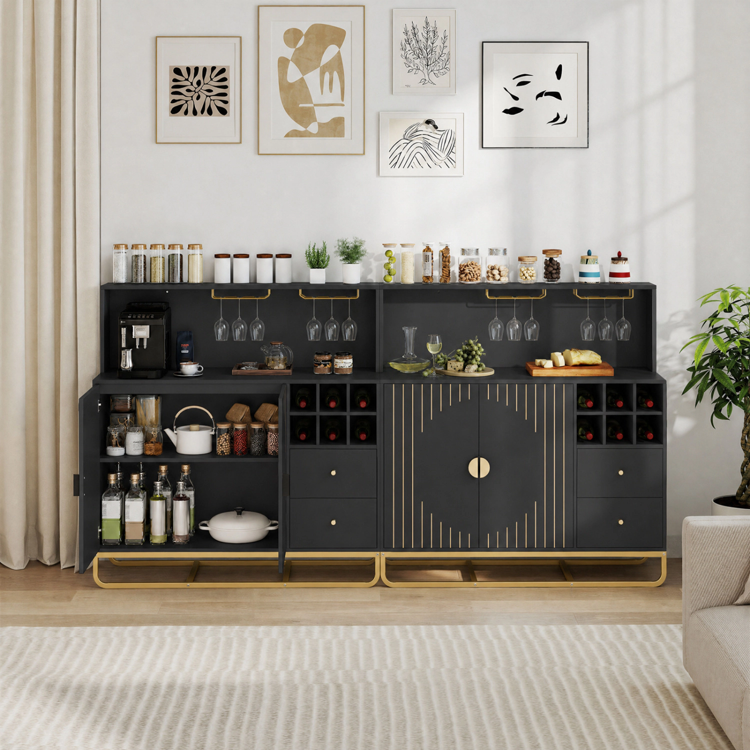 LJG Home Bar Cabinet with Wine Rack Glass Holder and Adjustable Shelf