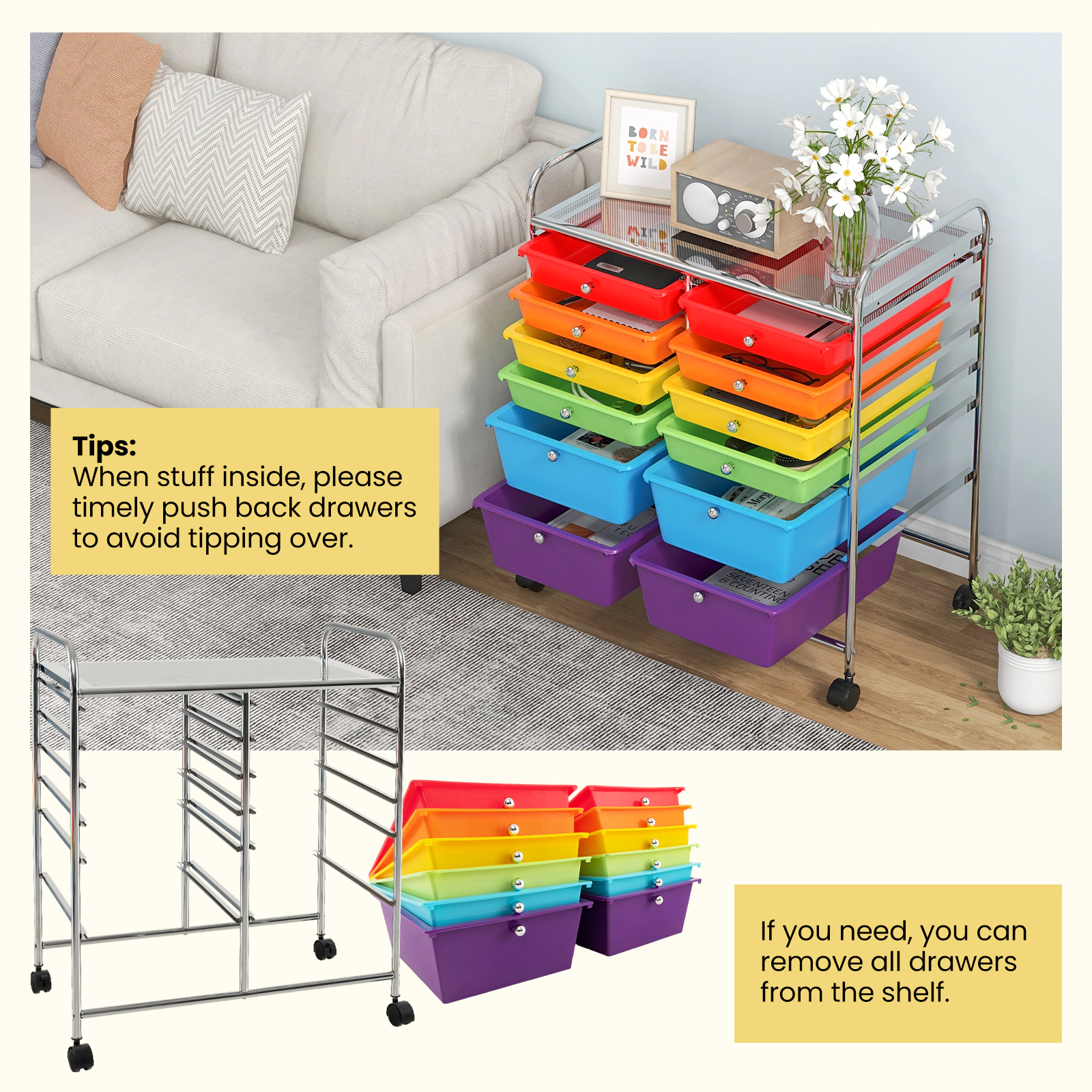 SUGIFT 12-Drawer Craft and Cosmetics Organizer Rolling Cart with Scrapbook Paper Bins and Swivel Casters