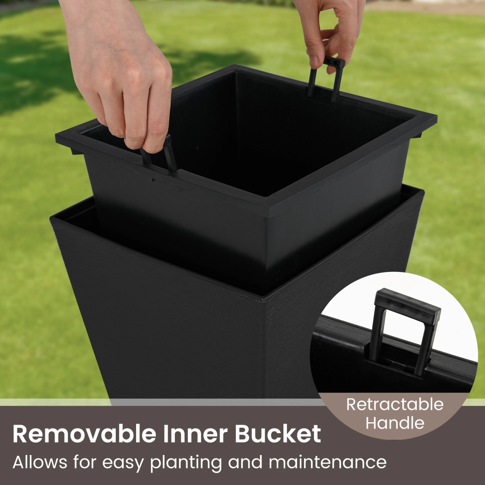 SUGIFT 22.5-in Tall Self-Watering Square Planter with Removable Inner Bucket Flower Pot Set Brown/Black
