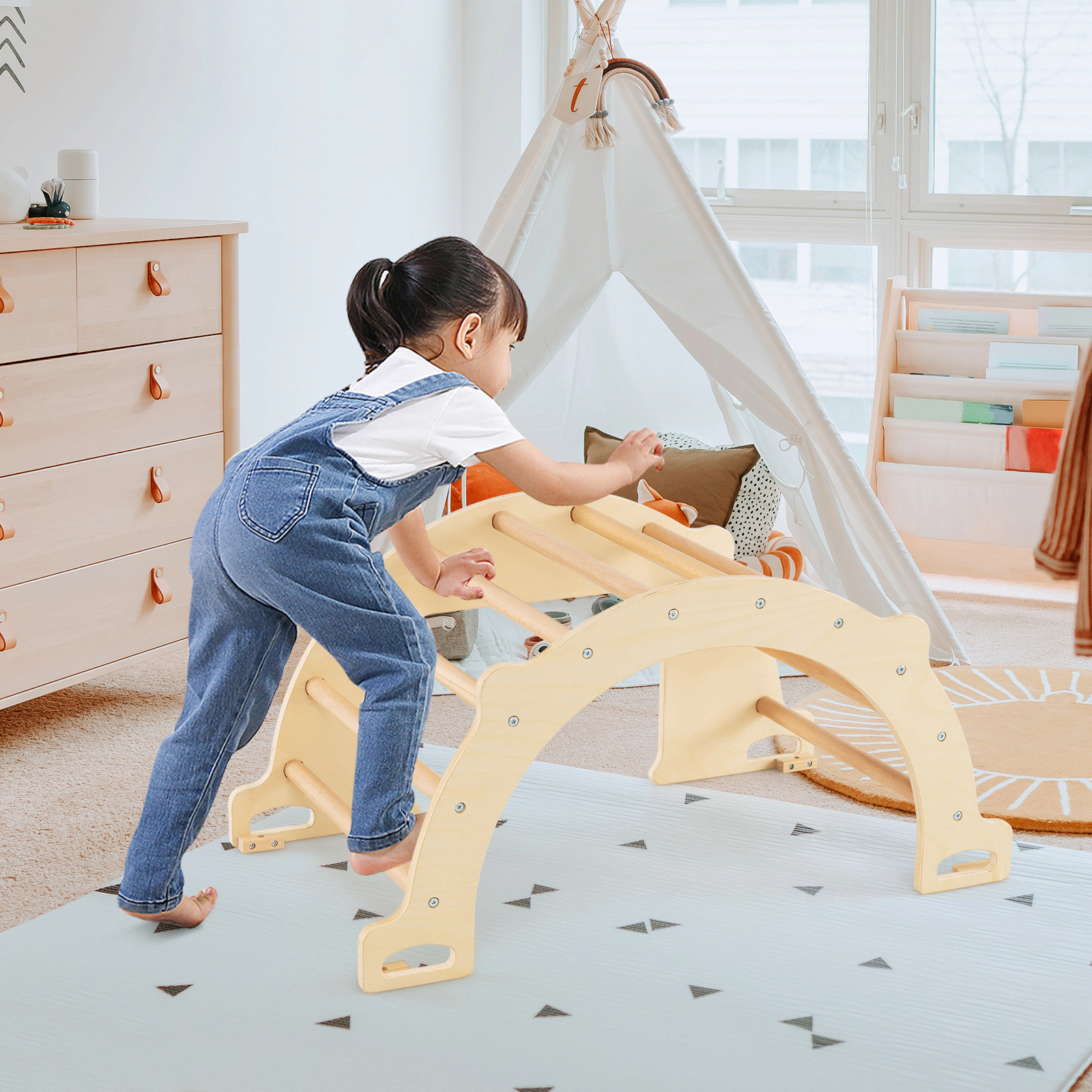 8-in-1 Wooden Climbing Arch Sensory Table Collapsible Storage Bin Rocker Stoppers and 110-lb Capacity Ages 3+ Natural