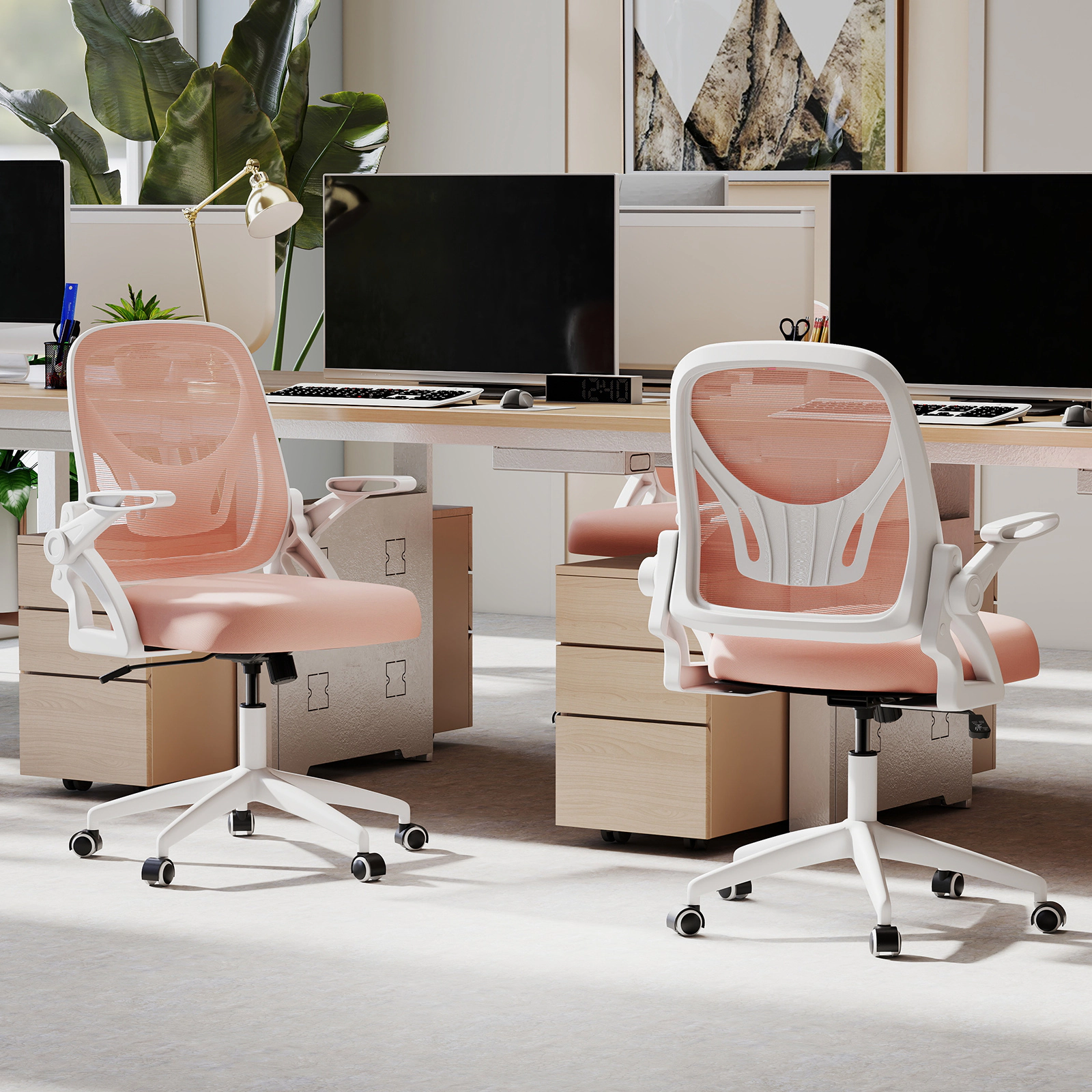 SUGIFT 330-lb Capacity Pink and White Mesh Computer Desk Chair with Built-In Lumbar Support and Flip-Up Arms