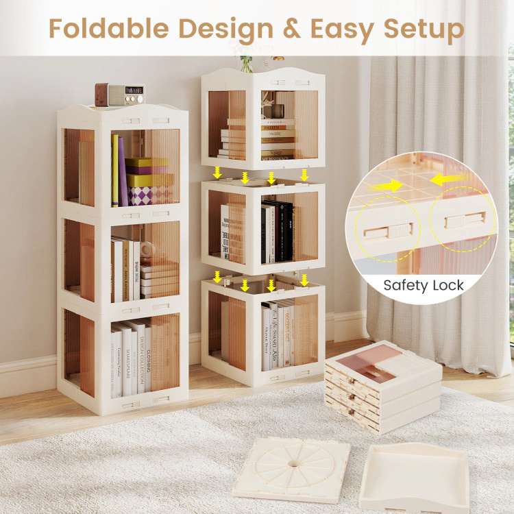 Hivvago 3-Tier Foldable Rotating Bookshelf with Swivel Base and Translucent Panels
