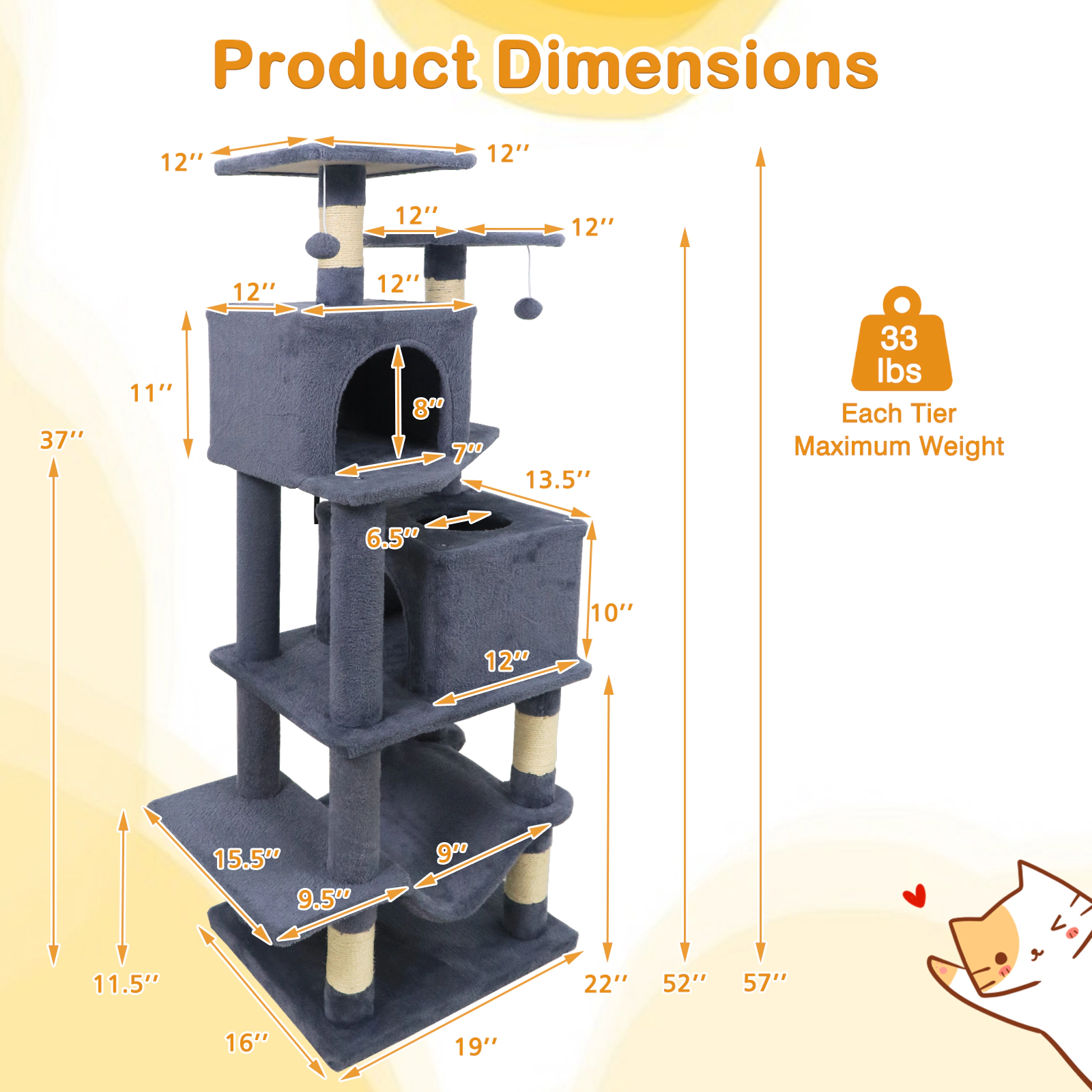 SUGIFT 57-in Gray Cat Tree Tower with Dual Condos Hammock 2 Perches Sisal Posts and Anti-Tipping Kit