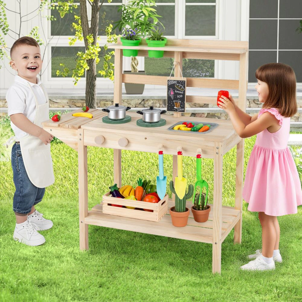Hivvago Kids Play Kitchen Set Wooden Kitchen Playset with Stoves for Boys Girls
